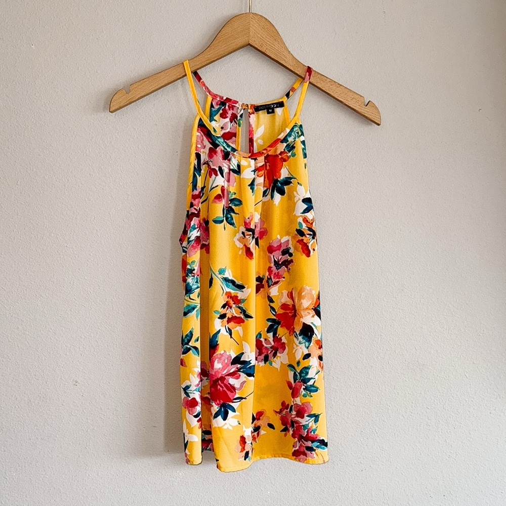Papermoon Yellow Floral Sleeveless Top Keyhole/Halter Medium